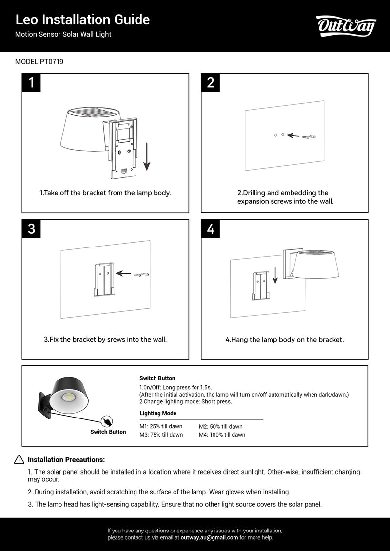 A Leo Installation Guide sheet for the OutWay Mission Solar Wall Light (Model P70T19), showing four numbered panels with diagrams of how to install the lamp on a wall, along with switch button and lighting mode specifications.