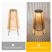Two images of a Solar Handwoven Garden Lawn Light, showcasing the lamp illuminated in a garden setting.