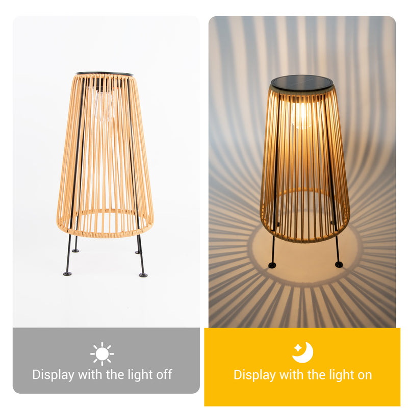 Two images of a Solar Handwoven Garden Lawn Light, showcasing the lamp illuminated in a garden setting.