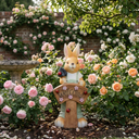 Decorative garden sculpture of a rabbit with a 'Welcome' sign in a floral garden setting.