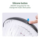 Silicone button on a solar pillar light with text indicating ON/OFF and mode change instructions.