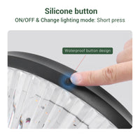 Silicone button on a solar pillar light with text indicating functionality and waterproof design.