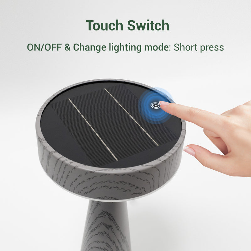 Touch Switch: Button showing a finger interacting with a touch-sensitive switch on the Outway solar lamp, demonstrating the short-press control for power and lighting modes.