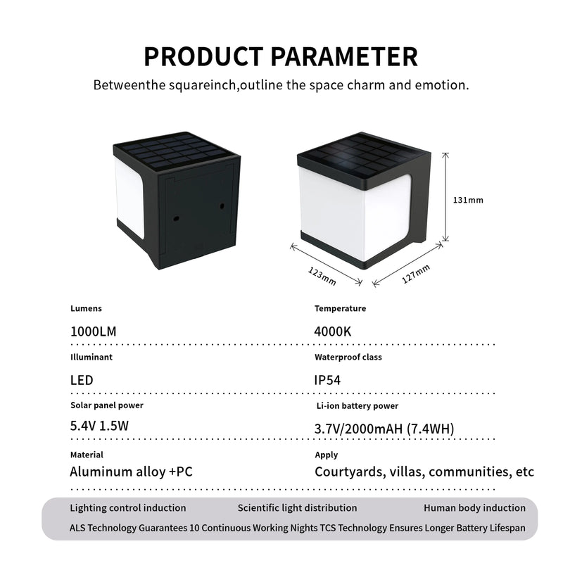 PT0711 Pisces Cube solar wall light product parameter diagram. Two product views showing dimensions: 123mm × 127mm × 131mm. Specs listed: 1000LM, 4000K, LED, IP54, Solar 5.4V 1.5W, Li-ion 3.7V 2000mAh 7.4Wh, Aluminum alloy + PC. Footer: ALS Technology, TCS Technology, human body induction, scientific light distribution.
