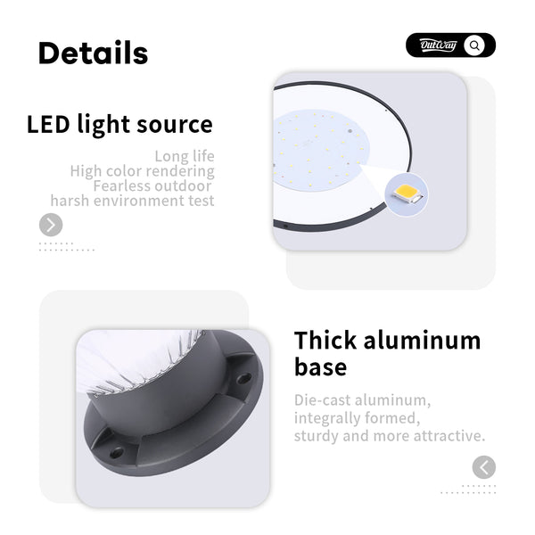 Durable aluminium solar light with a PC lampshade, designed for harsh weather.