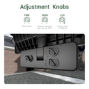 LED motion sensor floodlight with adjustment knobs with text labels for time, sensitivity, and lightLux.