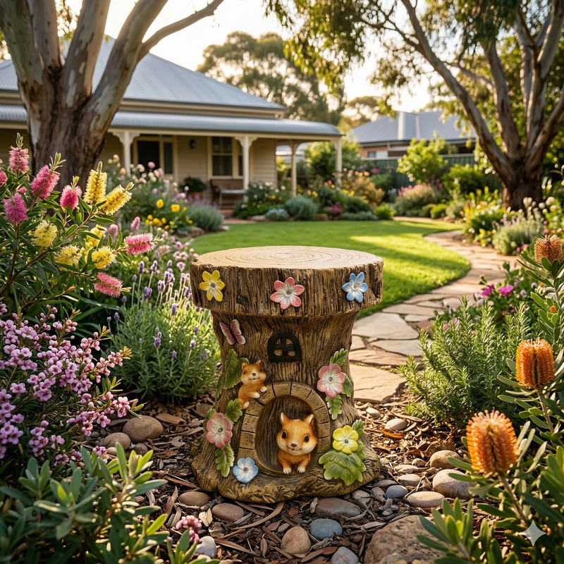 squirrel solar tree stump stool in a lush garden setting.