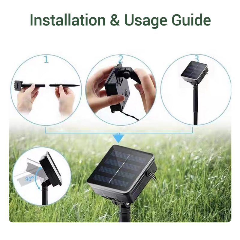 Solar LED fairy lights adorn a garden, providing enchanting lighting that enhances the outdoor atmosphere at night.