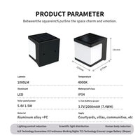 Product parameter diagram showing a black and white solar-powered outdoor light fixture with dimensions (122mm x 117mm x 131mm), 1000LM lumens, IP54 rating, and other technical specifications on a white background.