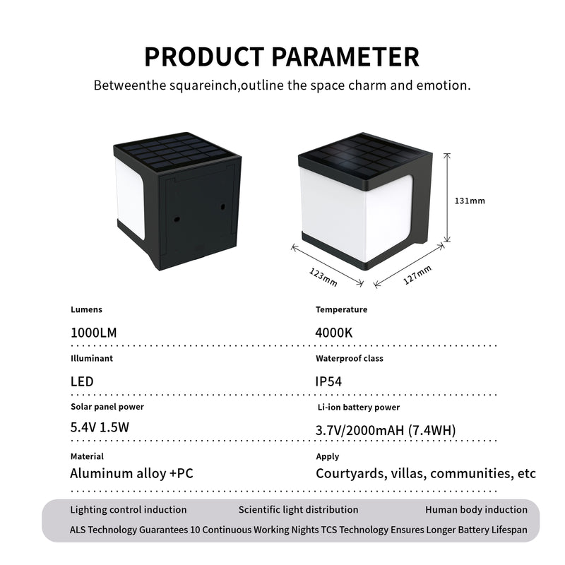 Product parameter diagram showing a black and white solar-powered outdoor light fixture with dimensions (122mm x 117mm x 131mm), 1000LM lumens, IP54 rating, and other technical specifications on a white background.