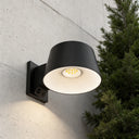 A modern black outdoor wall sconce with a cylindrical shade, mounted on a textured concrete wall next to a green evergreen tree. The light is turned on, casting a warm glow downward.