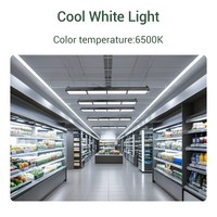Supermarket interior with cool white LED light high bay fixtures and color temperature indication.