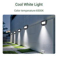 Outdoor LED floodlights on a building exterior with 'Cool White Light' text and color temperature information.