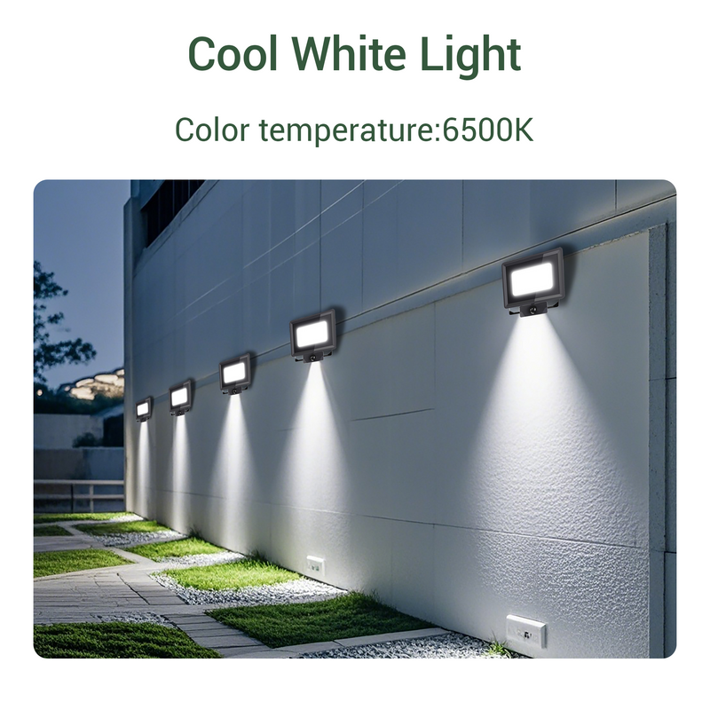 Outdoor LED floodlights on a building exterior with 'Cool White Light' text and color temperature information.