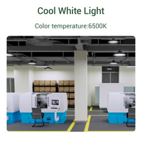 Office space with cool white light fixtures and color temperature text overlay
