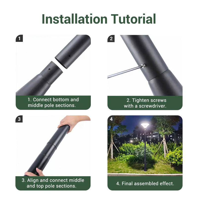 Step-by-step installation tutorial for a solar light pole structure with images and text instructions.
