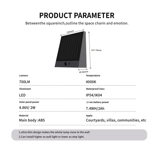 Bright LED solar exterior light with a sleek modern design. Ideal for home entrances and pathways.