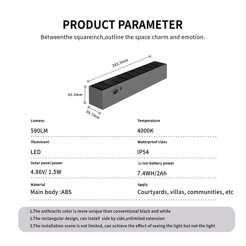 LED solar exterior light with a modern design, ideal for patios and balconies.