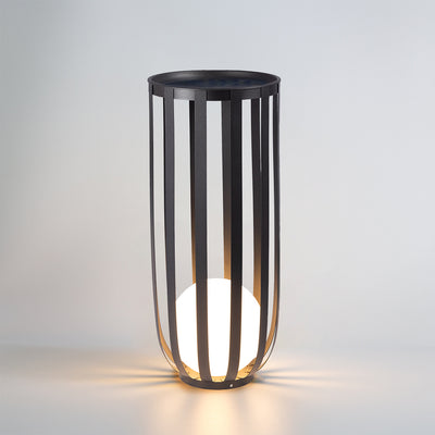 LumoCage solar floor lamp with a sleek modern design, perfect for garden and patio decor.