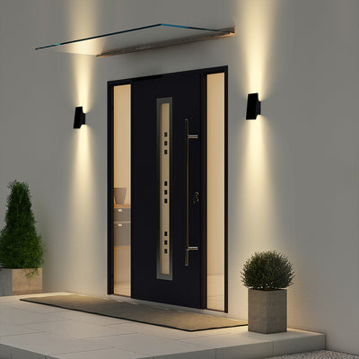 Contemporary LED wall light powered by solar energy, suitable for any outdoor space.