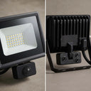 A split-view product photo of a black outdoor LED floodlight with a mounted motion detector. The left side shows the front face with the illuminated LED grid, and the right side shows the back with cooling fins, mounting bracket, and power connector.