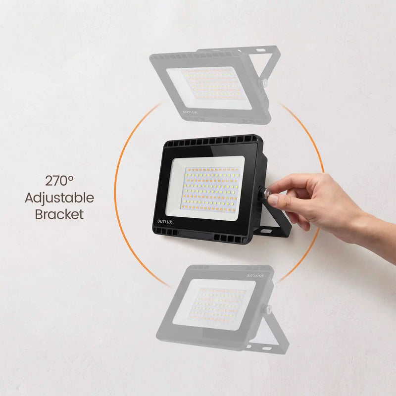 A black outdoor LED floodlight with an adjustable bracket is mounted on a white wall. A human hand is shown turning a side adjustment knob, with text reading '270° Adjustable Bracket' and faded duplicate views of the light showing the range of motion.