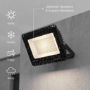 Outdoor floodlight fixture mounted on a gray concrete wall, with rain droplets visible on the front. White icons along the left side indicate weather resistance for sunny, snowy, foggy, and rainy conditions.