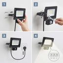 Four-panel installation guide showing a black outdoor floodlight with a motion sensor. Step 1 shows mounting and hand placement; Step 2 shows tightening with a wrench; Step 3 shows plugging in the cord; Step 4 shows the light beam pattern and a close-up of the sensor area.