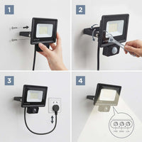 Four-panel installation guide showing a black outdoor floodlight with a motion sensor. Step 1 shows mounting and hand placement; Step 2 shows tightening with a wrench; Step 3 shows plugging in the cord; Step 4 shows the light beam pattern and a close-up of the sensor area.