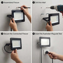 Four-panel instruction diagram showing how to install and plug in a black LED wall light fixture. Step 1 shows the fixture assembled against a wall with a screwdriver.