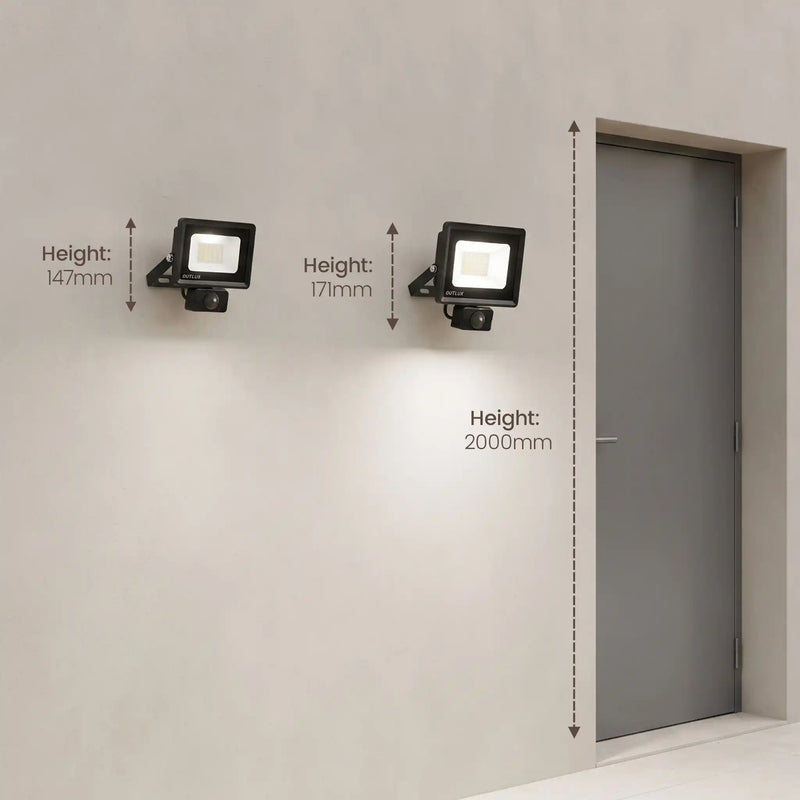 Two black wall-mounted floodlights shown on a light gray wall with overlaid height measurements (147mm, 171mm, and 2000mm) relative to a gray door.