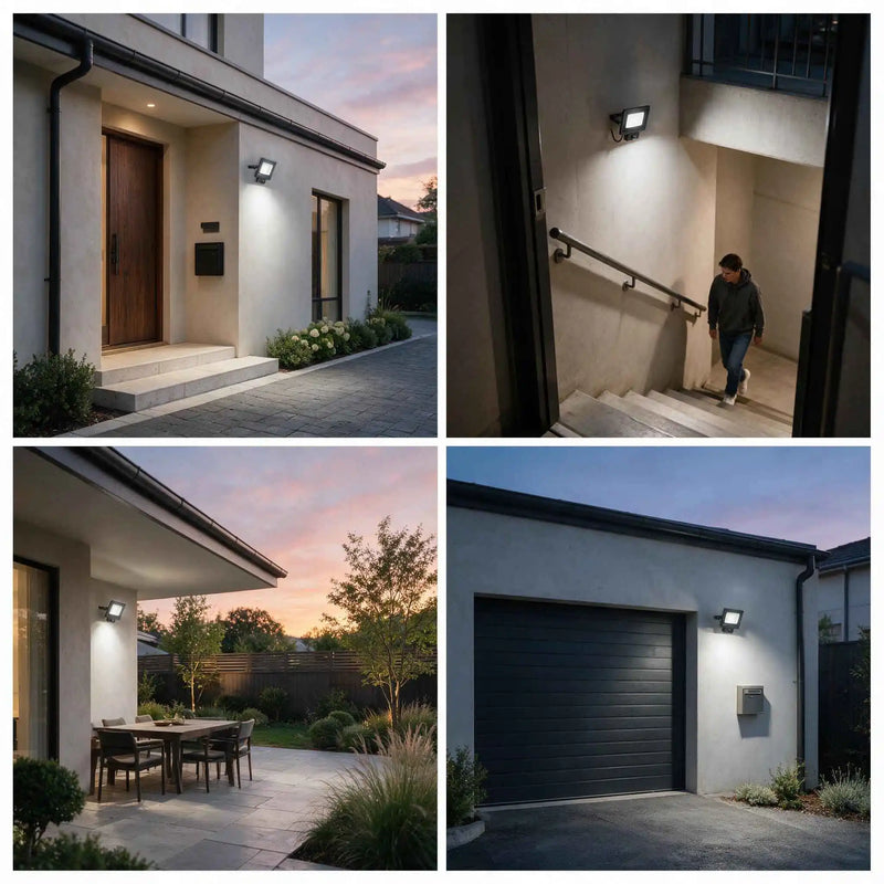 A four-panel collage showing outdoor wall-mounted light fixtures installed on a house exterior, staircase, patio, and garage door, illuminating the surroundings at dusk.