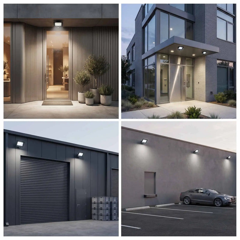A four-panel collage showing modern exterior architectural lighting fixtures mounted on buildings. The fixtures illuminate storefront entrances, a garage door, a building facade, and a parking lot with a car at dusk.
