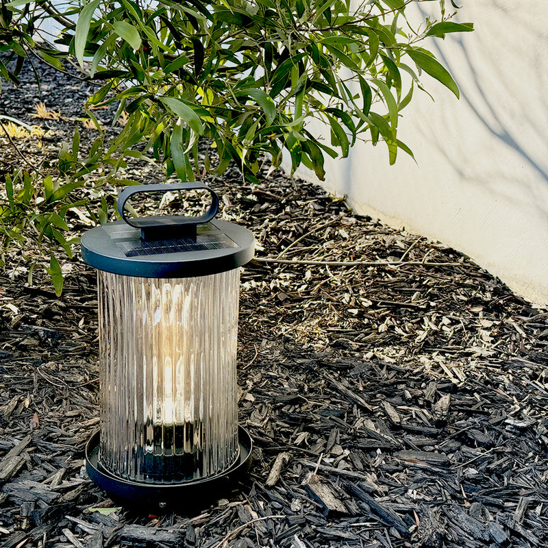 Compact solar LED lamp with carry ring, ideal for camping and garden pathways.