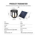 Product parameter chart for a solar-powered outdoor light and panel set, showing a black cylindrical lamp with dimensions, a matching solar panel, and a table listing model PT080805W-1, black color, warm white LED light, IP65 rating, and solar material.