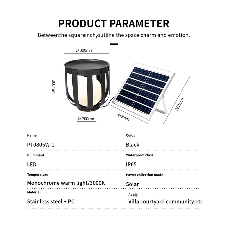 Product parameter chart for a solar-powered outdoor light and panel set, showing a black cylindrical lamp with dimensions, a matching solar panel, and a table listing model PT080805W-1, black color, warm white LED light, IP65 rating, and solar material.