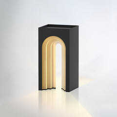 Solar-powered floor lamp with built-in side table for outdoor use.