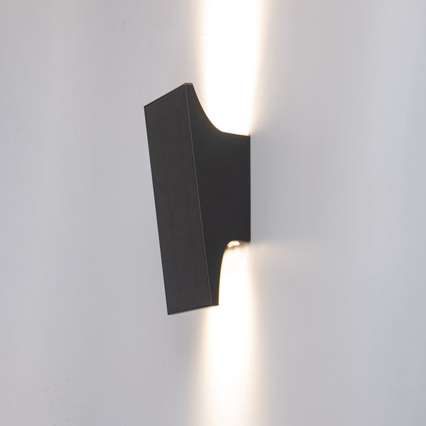 Weather-resistant outdoor solar wall light with efficient LED brightness.